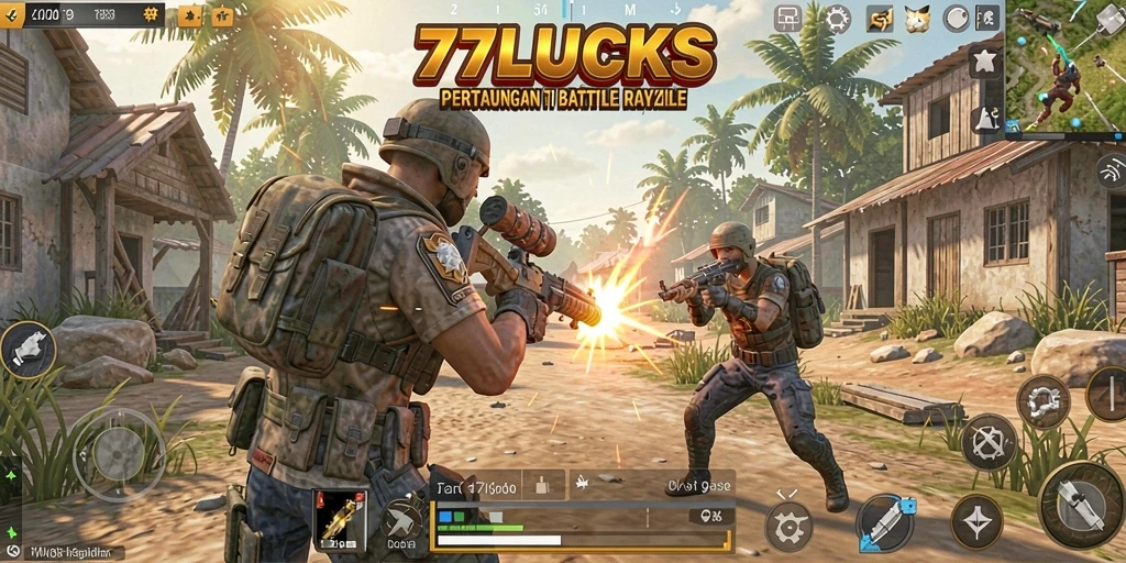Screenshot gameplay 77LUCKS menampilkan aksi seru dan strategis dalam Battle Royale.