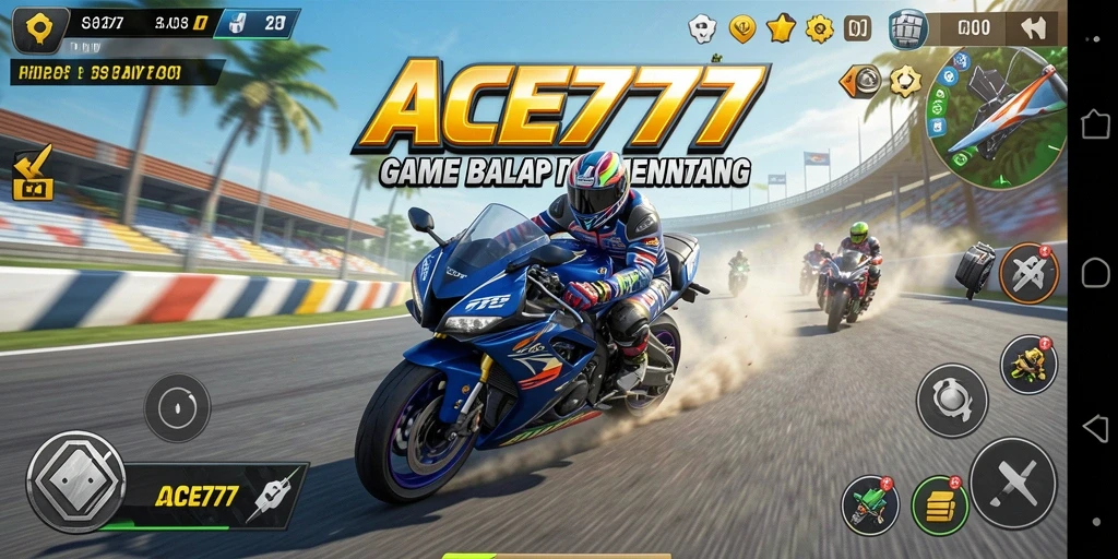 Screenshot utama ACE777 menunjukkan pemain dalam aksi balap motor yang mendebarkan.