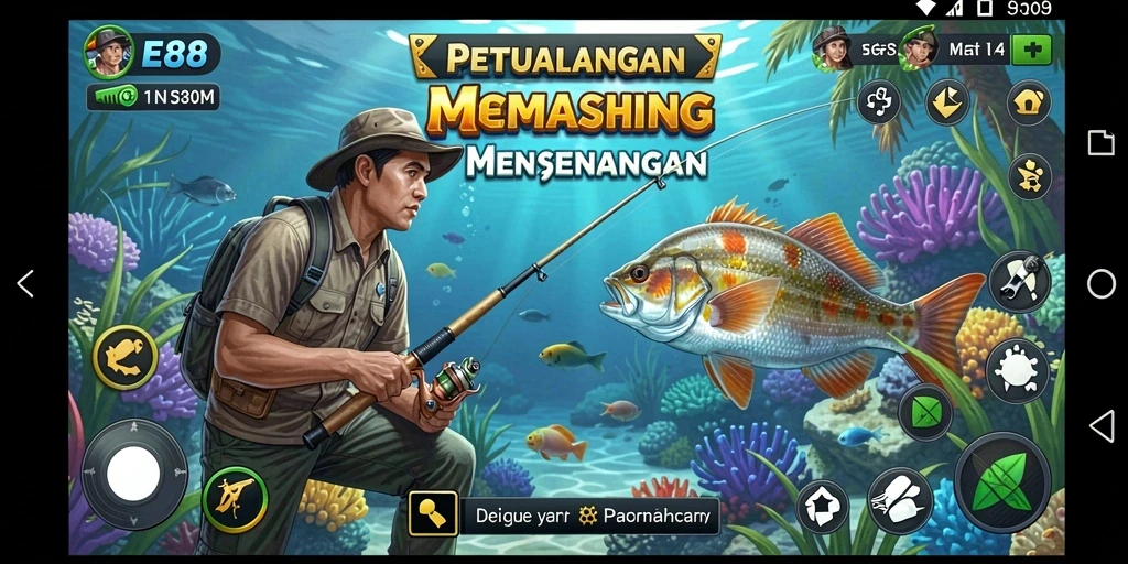 Screenshot gameplay E88 menampilkan pemain yang menangkap ikan di danau yang indah.