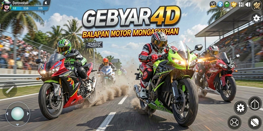 Screenshot gameplay GEBYAR4D menampilkan aksi balapan motor yang seru.