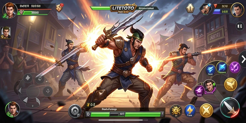 Screenshot LITETOTO menampilkan karakter bertarung dengan efek visual yang mengesankan.