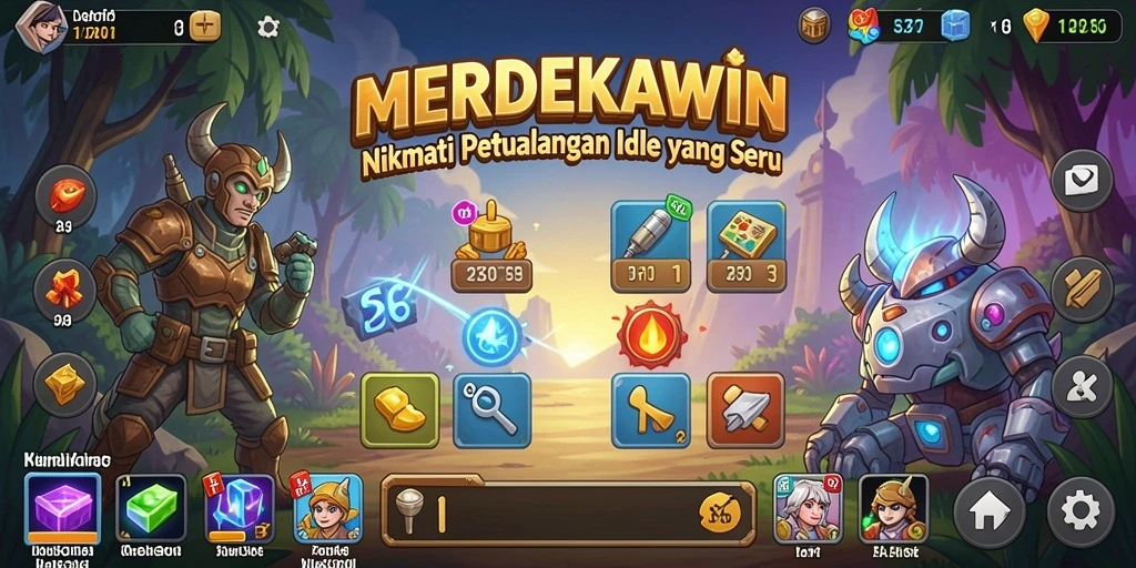 Screenshot gameplay menunjukkan karakter dan elemen menarik dari MERDEKAWIN.