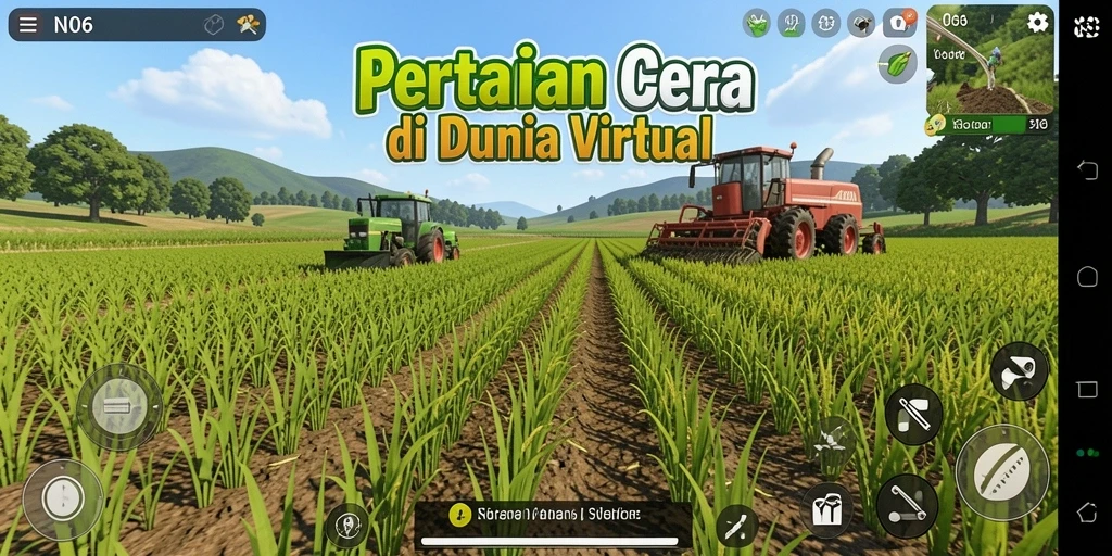Tangkapan layar permainan N06 menampilkan ladang pertanian yang subur dan hewan ternak yang hidup.