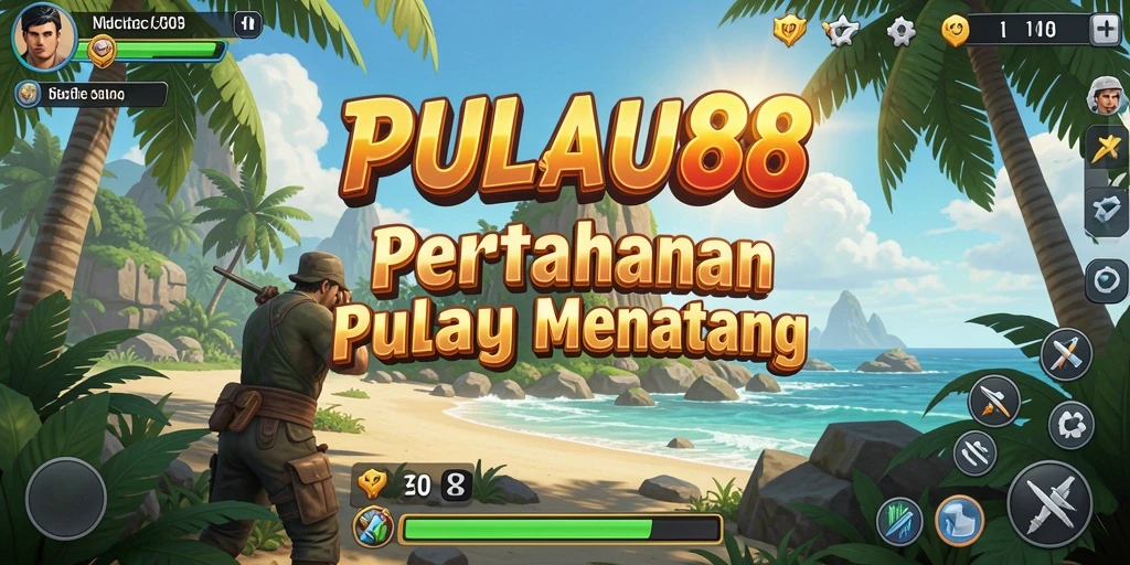 Screenshot gameplay PULAU88 menunjukkan menara bertahan melawan serangan musuh.