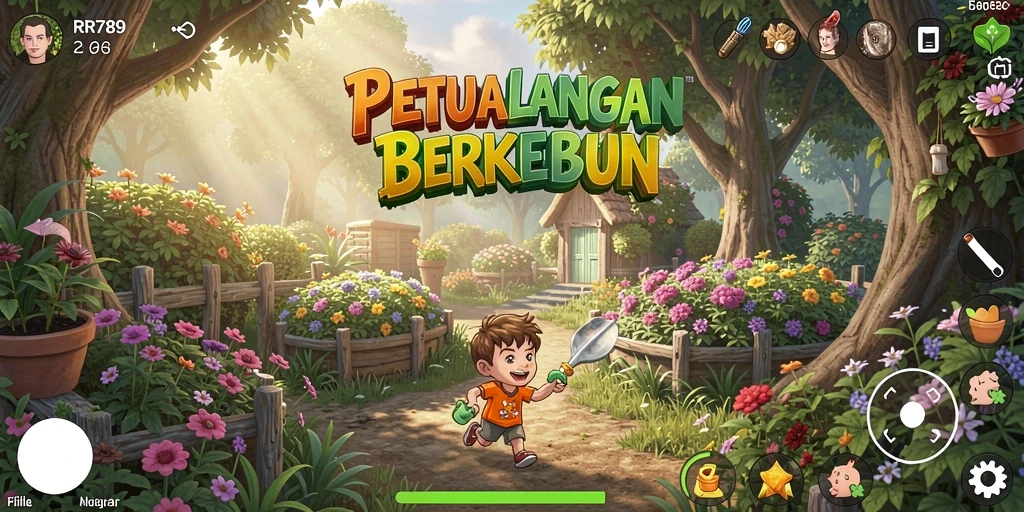 Tangkapan layar gameplay yang menunjukkan kebun yang indah dan subur di RR789.