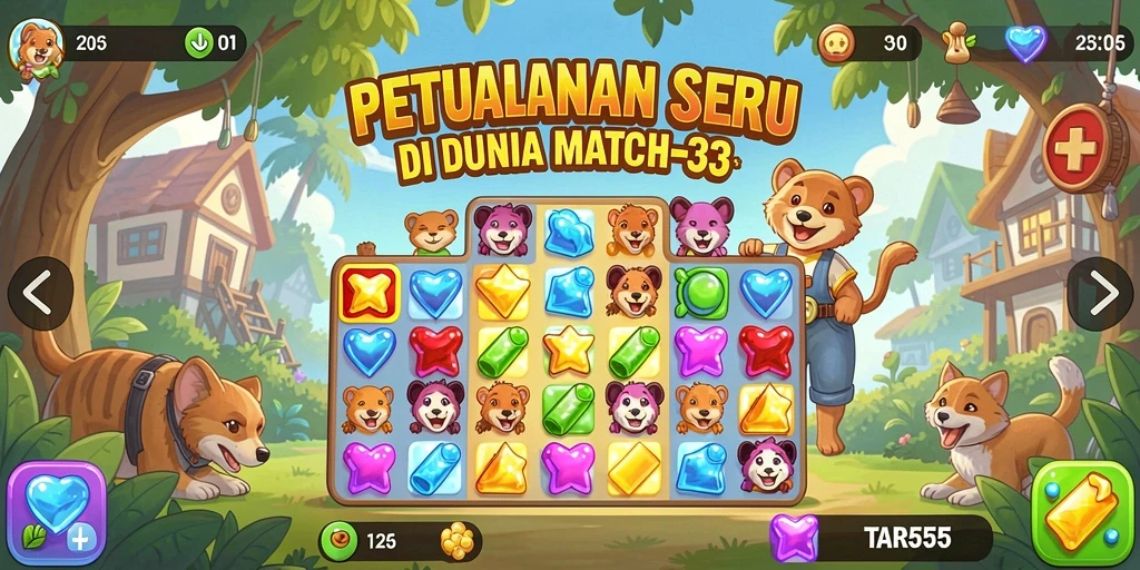 Screenshot TAR555 menunjukkan aksi seru gameplay Match-3 yang penuh warna.
