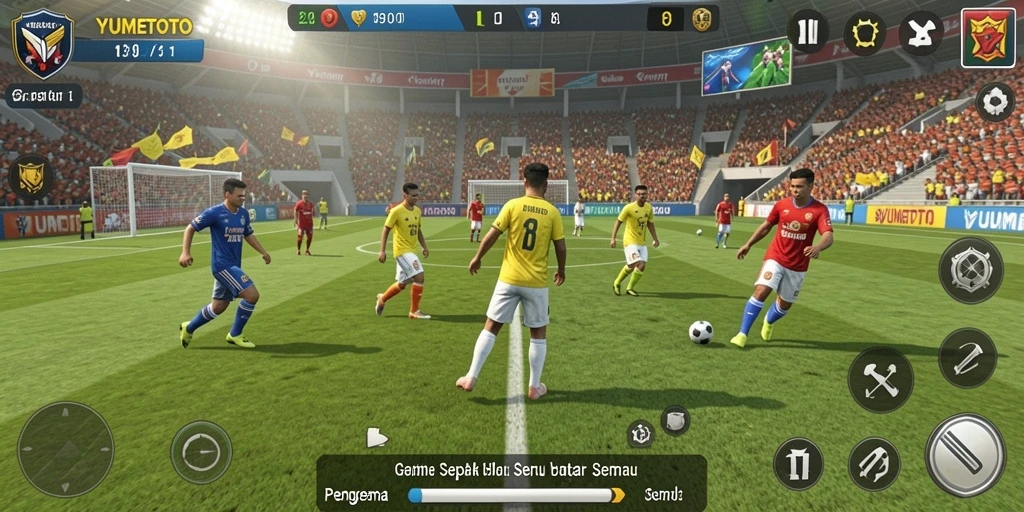 Screenshot menampilkan aksi seru gameplay sepak bola di YUMETOTO.